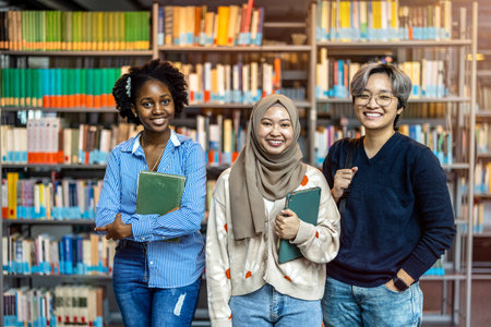 Portrait of multiethnic students standing in library and smiling at cameraの写真素材