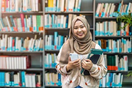Portrait of young asian muslim female student holding book and mobile phone in libraryの写真素材