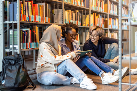 Group of diverse students using digital tablet while sitting on floor in libraryの写真素材