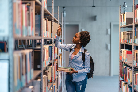 african american female student picking book from bookshelf in libraryの写真素材