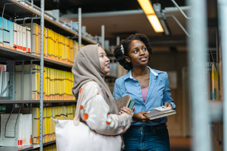 african american female student with hijab talking with friend in libraryの写真素材
