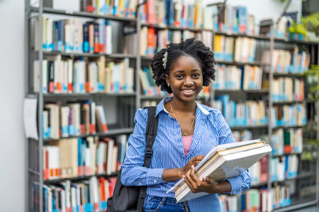 Portrait of smiling african american female student holding books in libraryの写真素材