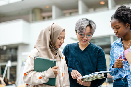 Group of multiethnic students using digital tablet and mobile phone outdoorsの写真素材