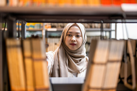 Portrait of young Asian muslim woman reading a book in libraryの写真素材
