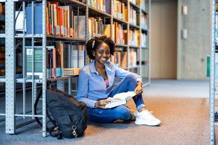 happy african american female college student sitting on floor in libraryの写真素材