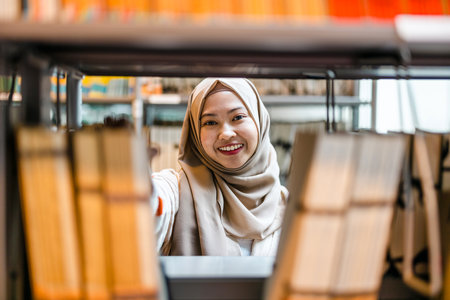 Young asian muslim woman reading book in library. education concept.の写真素材