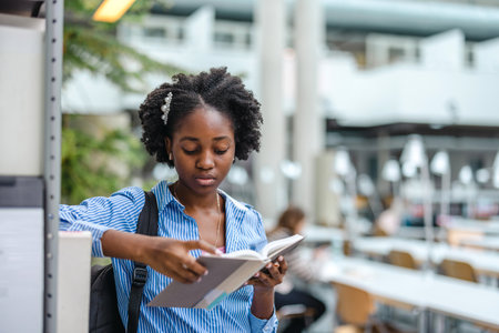 young african american woman reading a book in a coffee shopの写真素材