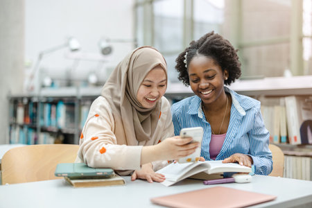 Portrait of muslim students using smartphone while sitting at table in libraryの写真素材