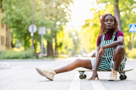 african american woman with a skateboard sitting on the streetの写真素材