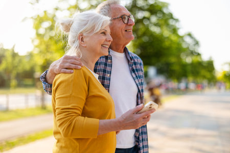 senior couple with smartphone walking in park on summer day and talkingの写真素材