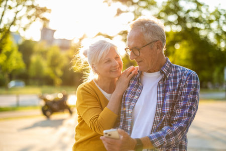 Senior couple walking in the park. They are using a smartphone and smiling.の写真素材