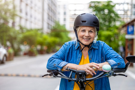 Portrait of senior woman wearing helmet while riding bicycle in the cityの写真素材