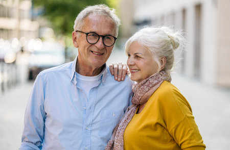 Happy senior couple walking in the city. They are looking at camera and smilingの写真素材