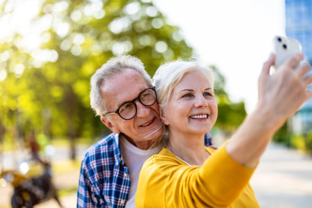Senior couple taking selfie with smartphone in the park on a sunny dayの写真素材