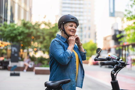 Portrait of mature woman wearing helmet while standing with bicycle in cityの写真素材
