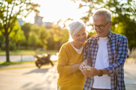Senior couple using mobile phone in the park. They are looking at the screen and smiling.の写真素材