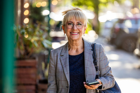 Portrait of smiling senior woman with mobile phone in the street.の写真素材
