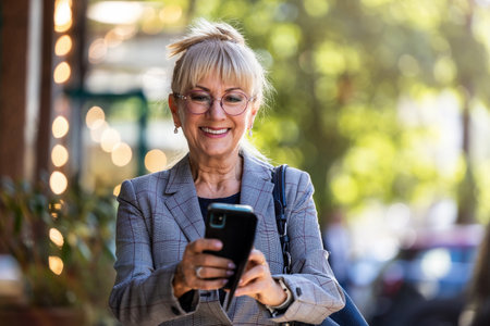 Smiling senior businesswoman using mobile phone in a city street.の写真素材