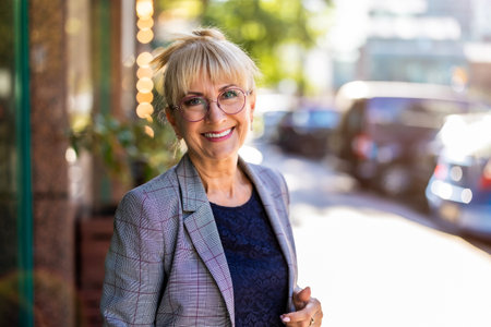 Portrait of happy senior businesswoman wearing eyeglasses in cityの写真素材