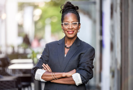 Portrait of confident mature businesswoman standing with arms crossed in cityの写真素材