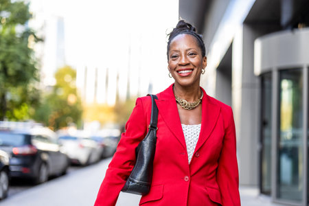 Portrait of happy african american businesswoman in red suit walking on streetの写真素材