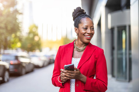 Portrait of smiling african businesswoman using mobile phone in cityの写真素材