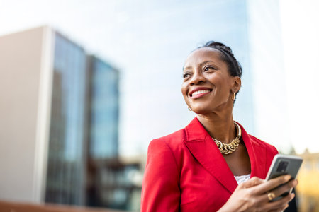 Portrait of a smiling businesswoman using mobile phone in the cityの写真素材