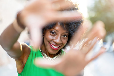 Portrait of a beautiful african american woman making a heart with her handsの写真素材