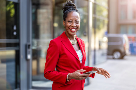 Portrait of happy african american businesswoman in red suit using mobile phone outdoorsの写真素材