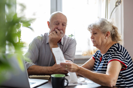 Elderly couple sitting at the table in front of a laptopの写真素材