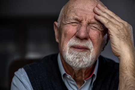 Portrait of a senior man suffering from a headache in a dark roomの写真素材
