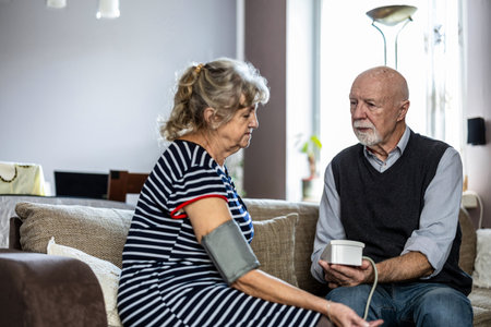 Senior couple checking blood pressure while sitting on sofa in living room at homeの写真素材