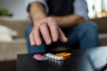 Close-up of man taking pills on sofa at home in the living roomの写真素材