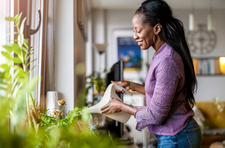 Smiling young African woman watering plants in the living room at homeの写真素材