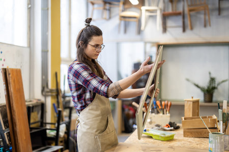 Female carpenter working on a wooden board in her workshop, she is wearing glassesの写真素材