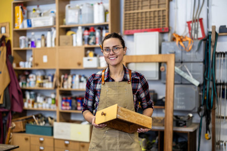 Portrait of smiling young female worker in a workshopの写真素材