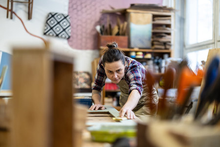 Carpenter working on her craft in a small carpentry workshopの写真素材