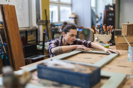 Portrait of female carpenter working in her workshopの写真素材