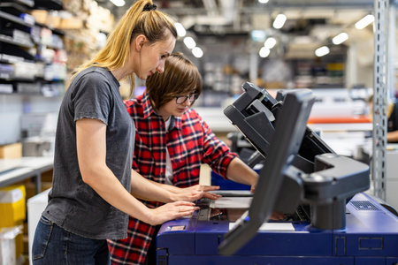 Two female warehouse workers working together on a machine in a large warehouseの写真素材
