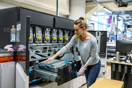 Female technician working on photocopier at hardware store. Focus on womanの写真素材