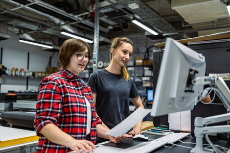 Two female engineers working together on computer in factory. They are looking at monitor and smilingの写真素材