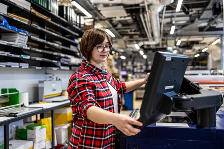 Portrait Of Female Factory Worker Using Digital Printer In Distribution Warehouseの写真素材