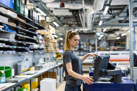 Side view of a young woman using a printer in a hardware storeの写真素材