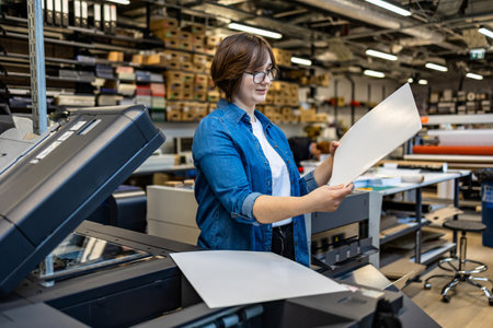 Portrait of a young woman working on a printer in a printing shopの写真素材