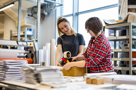 Two young female designers working together in a creative office with a cardboard boxの写真素材