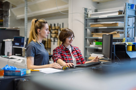 Two young female software developers working together in a software developing company officeの写真素材