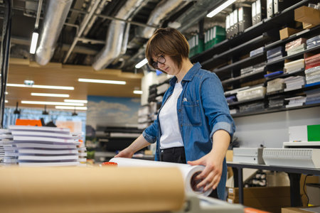 Young woman working in a textile factory, she is checking the fabricの写真素材