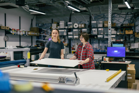 Two young female workers are working on a furniture assembly line in a factory.の写真素材