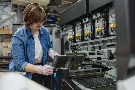Portrait of a female worker operating a 3d printer in a printing factoryの写真素材