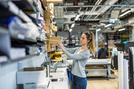 Portrait of female worker standing in warehouse and looking at box in warehouseの写真素材